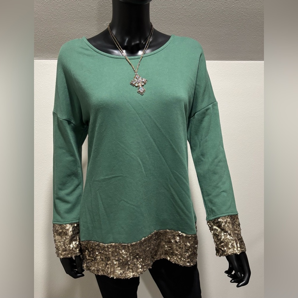 Serena Williams moss Green And Gold Sequin trim Top S New